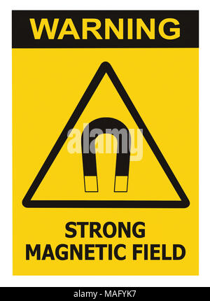 Campo magnetico forte segno di avvertimento isolato etichetta di testo, luci di sicurezza Attenzione Attenzione Pericolo rischio Concetto, Giallo Nero Avviso adesivo verticale Tri Foto Stock