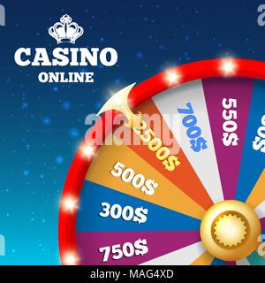 Online casino poster. Denaro spin ruota per girare i giochi da casinò e possibilità di fortuna concetto illustrazione vettoriale Illustrazione Vettoriale
