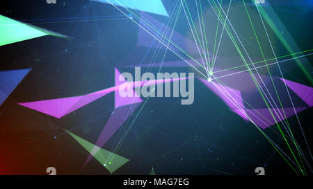 Un celeste del 3d illustrazione di verde, rosa e blu forme poligonali coperte con luminoso rettangolare e superfici triangolari forate con raggio verde Foto Stock