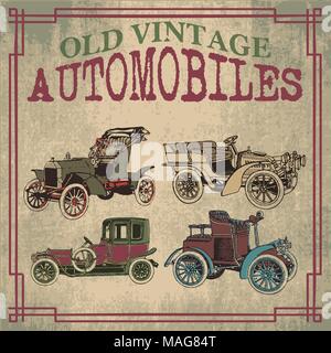 Vecchio e vintage Automobiles progetta vetture nel vettore Illustrazione Vettoriale