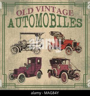 Vecchio e vintage Automobiles progetta vetture nel vettore Illustrazione Vettoriale