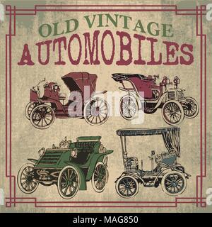Vecchio e vintage Automobiles progetta vetture nel vettore Illustrazione Vettoriale