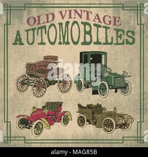 Vecchio e vintage Automobiles progetta vetture nel vettore Illustrazione Vettoriale