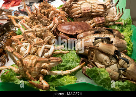 Granchi freschi per la vendita nel La Boqueria il mercato coperto vicino a La Rambla, Barcelona, Spagna Foto Stock