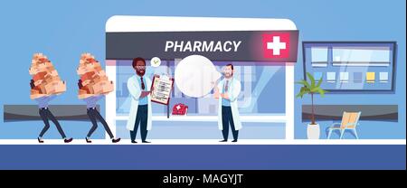 Il farmacista medico In Pharmacy Store le caselle di controllo con farmaci e pillole moderna farmacia ospedaliera concetto di shop Illustrazione Vettoriale