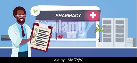 African American uomo medico con appunti su Pharmacy Store nella moderna farmacia ospedaliera concetto di shop Illustrazione Vettoriale