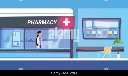 Medico donna In Farmacia Store nella moderna farmacia ospedaliera Shop Illustrazione Vettoriale