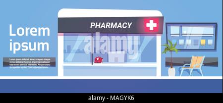 Pharmacy Store in un moderno ospedale farmacia Shop modello esterno Illustrazione Vettoriale