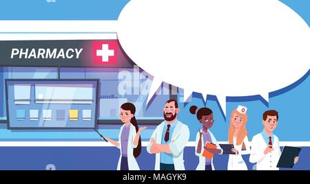Il gruppo di medici permanente al Pharmacy Store in un moderno ospedale farmacia sfondo Shop Illustrazione Vettoriale