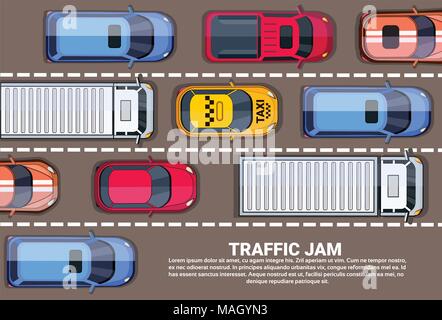 Strada piena di automobili e camion Angolazione superiore visualizza il traffico su autostrada Illustrazione Vettoriale