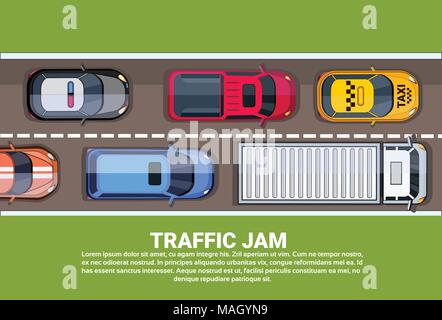 Inceppamento di traffico su autostrada vista superiore con la strada piena di vetture diverse Illustrazione Vettoriale