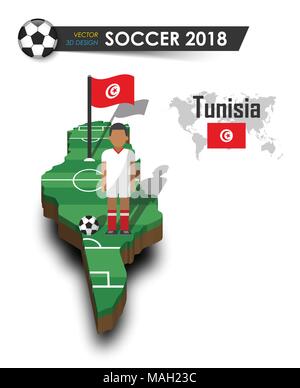 Tunisia National Soccer team . Giocatore di football e flag su 3D design country mappa . isolato sfondo . Vettore per international world Championship t Illustrazione Vettoriale