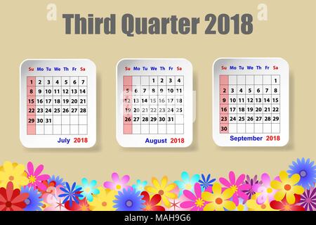 Calendario per il terzo trimestre del 2018 anno sulla yelloow sfondo con fiori colorati sul bordo inferiore del vettore Illustrazione Vettoriale