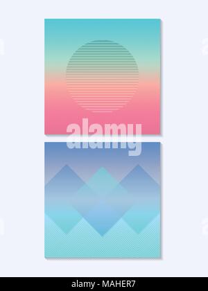 Alla moda di gradiente dello sfondo due mockup del vettore con diverse forme geometriche e tratti in due toni di gradiente dello sfondo Illustrazione Vettoriale