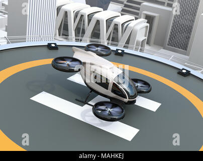 White self-guida drone passeggero di decollo e di atterraggio sulla helipad. Il rendering 3D'immagine. Foto Stock