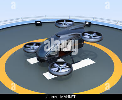 Vista frontale del bianco Auto-guida drone passeggero di decollo e di atterraggio sulla helipad. Il rendering 3D'immagine. Foto Stock