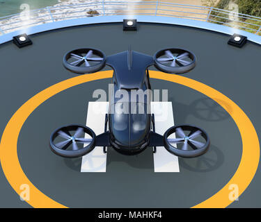 Vista frontale del black self-guida drone passeggero di decollo e di atterraggio sulla helipad. Il rendering 3D'immagine. Foto Stock