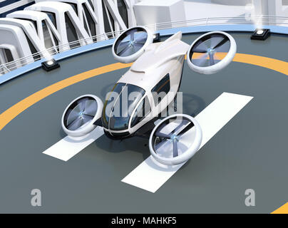 White self-guida drone passeggero di decollo e di atterraggio sulla helipad. Il rendering 3D'immagine. Foto Stock