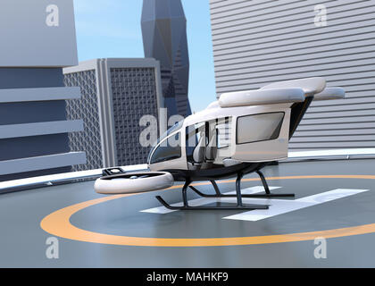 White self-guida drone passeggero il parcheggio sulla helipad. Il rendering 3D'immagine. Foto Stock