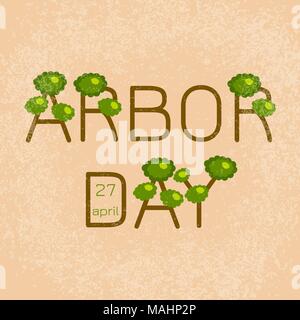 National Arbor Day. Testo Arbor Day sotto forma di alberi. Su uno sfondo di pesche. Effetto grunge. Per striscioni, inviti, blog Illustrazione Vettoriale