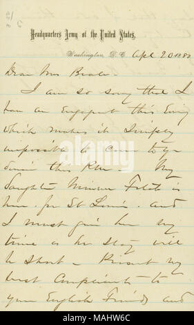 Membri che egli deve rifiutare il suo invito dal momento che sua figlia è in visita da San Luigi. Titolo: lettera firmata W.T. Sherman, sede esercito degli Stati Uniti di Washington, D.C., alla sig.ra Beale, 20 aprile 1880 . Il 20 aprile 1880. Sherman, William T. (William Tecumseh), 1820-1891 Foto Stock