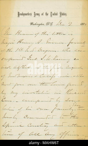 Scrive a nome del Grande Henry S. Turner, ex del 1° U. S. Dragoni. Titolo: Lettera di introduzione firmata W.T. Sherman, sede esercito degli Stati Uniti di Washington, D.C., 2 dicembre 1880 . Il 2 dicembre 1880. Sherman, William T. (William Tecumseh), 1820-1891 Foto Stock