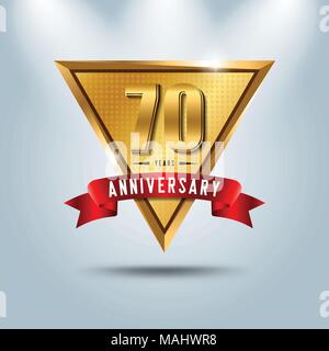 70 anni di anniversario logotipo. Golden Anniversary emblema con nastro rosso. Design per opuscoli, depliant, rivista, brochure, poster, web in Illustrazione Vettoriale