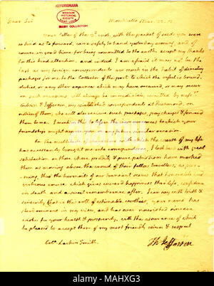 Conferma la ricezione del pacchetto di semi. Titolo: lettera firmata Thomas Jefferson, Monticello, Col. Larkin Smith, Marzo 22, 1812 . Il 22 marzo 1812. Jefferson, Thomas, 1743-1826 Foto Stock