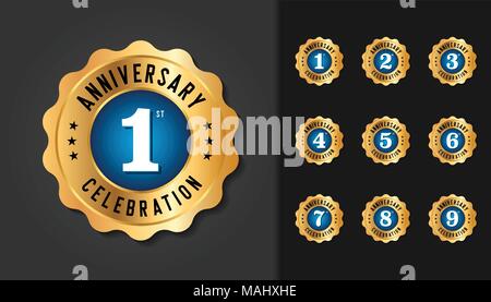 Set di anniversario badge. Golden Anniversary Celebration emblema design per opuscoli, depliant, magazine brochure, poster, web, invito o messaggio di saluto c Illustrazione Vettoriale