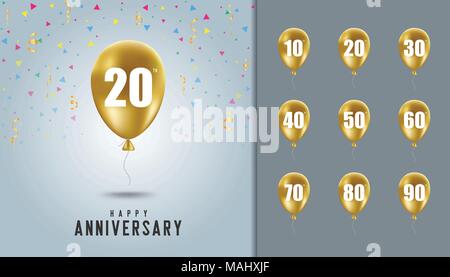 Set di felice anniversario dello sfondo. Pallone d'oro con la celebrazione dell anniversario dello sfondo. Modello di progettazione per opuscoli, depliant, rivista, brochure Illustrazione Vettoriale
