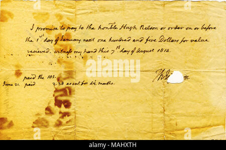 Cambiali a Hugh Nelson per $105 con la notazione che è stato pagato con interessi su giugno 21st. [Firma lacerato] Titolo: pagherò nota da Thomas Jefferson a Hugh Nelson, 7 agosto 1814 . Il 7 agosto 1814. Jefferson, Thomas, 1743-1826 Foto Stock