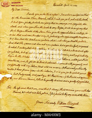 Racchiude un foglio della American Olive Branch 'che vi auguro di mettere in il libro che ti ho inviato." Titolo: lettera firmata William Wingate, Haverhill, di Thomas Jefferson, Aprile 14, 1815 . Il 14 aprile 1815. Il Wingate, William Foto Stock