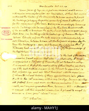 Membri che gli edifici dell'università di Virginia sarà completata in dodici mesi di tempo, e raccomanda di Columbia College come il miglior seminario. [Firma mal sbiadito] Titolo: lettera firmata Thomas Jefferson, Monticello, J. Wharton, 25 ottobre 1820 . Il 25 ottobre 1820. Jefferson, Thomas, 1743-1826 Foto Stock