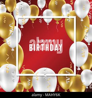 Buon compleanno biglietto di auguri con golden e palloncini bianchi su sfondo rosso. Illustrazione Vettoriale. Illustrazione Vettoriale