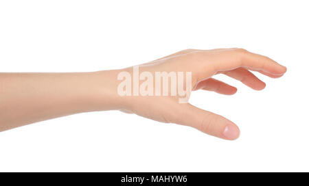 Donna mano su bianco backround close-up Foto Stock