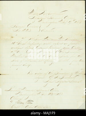 Stato che il primo tenente William M. Breese devono riferire al tenente colonnello James Querce per il dazio provvisorio. Titolo: ordini speciali, n. 223, firmato E.D. Townsend, Vice aiutante generale, Dipartimento di guerra, Aiutante Generale dell'Ufficio, Washington, 19 maggio 1863 . 19 maggio 1863. Townsend, E. D. (Edward Davis), 1817-1893 Foto Stock