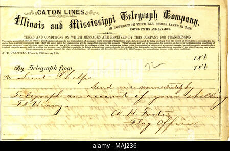 Le richieste di account il bombardamento di Fort Henry. Nota sul retro fornisce una breve considerazione. Titolo: Telegramma da A. H. Foote a Seth Ledyard Phelps, 13 febbraio 1862 . Il 13 febbraio 1862. Foote, Andrew H. (Andrew scafo), 1806-1863 Foto Stock