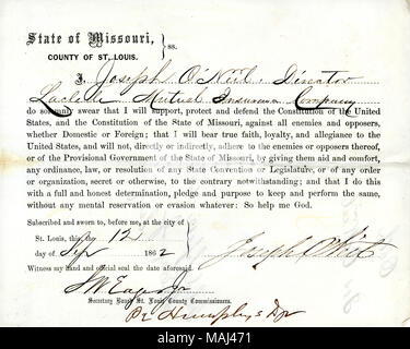 Giura di giuramento di fedeltà al Governo degli Stati Uniti e dello Stato del Missouri. Titolo: il giuramento di fedeltà di Giuseppe O'Neil, Direttore Laclede Mutual Insurance Company, del Missouri, Contea di St.Louis . Il 12 settembre 1862. O'Neil, J. Foto Stock