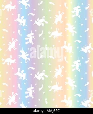 Vector seamless pattern di unicorns bianco pastello su sfondo arcobaleno. Cartoon unicorn texture Illustrazione Vettoriale