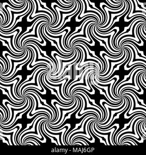 Vector sunburst seamless pattern con swirl e onda geometrica. Abstract di nero modello senza cuciture su sfondo bianco Illustrazione Vettoriale