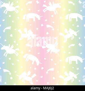 Illustrazione Vettoriale di pattern senza giunture dal bianco unicorns silhouette su sfondo arcobaleno. Cartoon unicorn texture Illustrazione Vettoriale