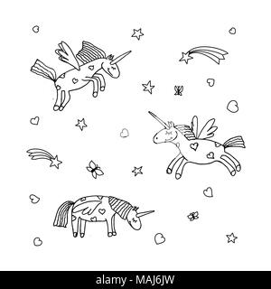 Set di vettore di Cartoon carino unicorn. Illustrazione di unicorns. Pagina di colorazione prenota Illustrazione Vettoriale