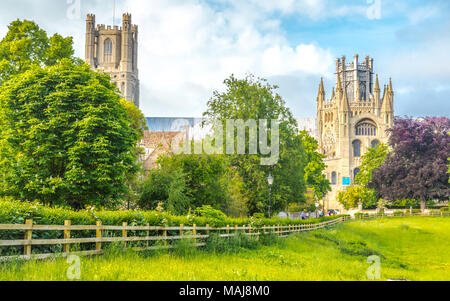 Vista della Cattedrale di Ely da Cherry Hill Park a Ely, Cambridgeshire, Norfolk, Regno Unito Foto Stock