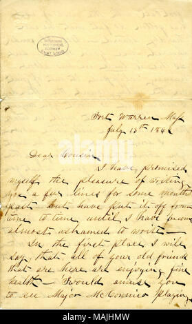 Discute le condizioni carcerarie, prigioniero gli scambi ed i giochi di calcio giocato dai prigionieri. Titolo: Lettera da Caleb Dorsey, Fort Warren, Massachusetts, a suo cugino [Ada Byron Haynes], luglio 13, 1862 . Il 13 luglio 1862. Dorsey, Caleb Foto Stock