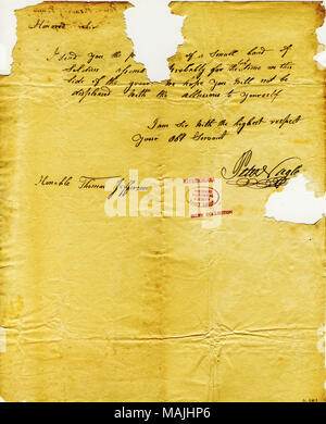 Invia Jefferson il procedimento di un piccolo gruppo di soldati assemblato 'probabilmente per l'ultima volta su questo lato della tomba.' (2 pagine) Titolo: lettera firmata Peter Nagle, lettura, Pennsylvania, a Thomas Jefferson, [Settembre 1823] . Settembre 1823. Nagle, Peter Foto Stock