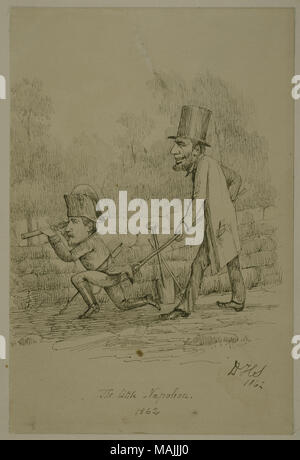 Disegno a inchiostro " Il piccolo Napoleone' da David H. Strother. L'immagine è un cartone animato raffigurante Abraham Lincoln ispirandosi gen. George McClellan a Richmond, Virginia nel 1862. Titolo: Disegno a inchiostro " Il piccolo Napoleone' da David H. Strother . 1862. Strother, David Hunter, 1816-1888 Foto Stock