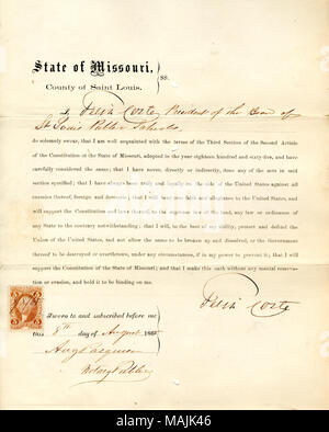 Giura di giuramento di fedeltà al Governo degli Stati Uniti e dello Stato del Missouri. Titolo: il giuramento di fedeltà di Felix Coste del Missouri, nella contea di San Luigi . Il 25 agosto 1865. Coste, F. Foto Stock