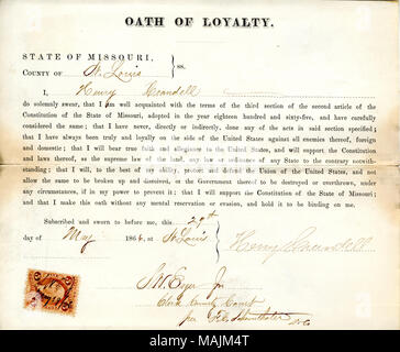 Giura di giuramento di fedeltà al Governo degli Stati Uniti e dello Stato del Missouri. Titolo: il giuramento di fedeltà di Henry Crandell del Missouri, nella contea di San Luigi . 29 maggio 1866. Crandell, H. Foto Stock
