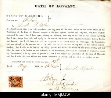 Giura di giuramento di fedeltà al Governo degli Stati Uniti e dello Stato del Missouri. Titolo: il giuramento di fedeltà di Smith P. Galt del Missouri, nella contea di San Luigi . 29 maggio 1866. Galt, Smith P. Foto Stock