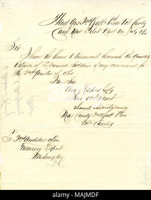 Membri, "mi pregio di trasmetterle qui il ritorno trimestrale del defunto soldati del mio comando per il secondo trimestre del 1864.' non contiene il rendimento effettivo dei soldati deceduti. Titolo: lettera firmata Samuel Montgomery, testa QRS. 2. Batt. 6Mo. Vol. Cavly., accampati vicino alla manopola pilota, Mo., a seconda del revisore, Ufficio Dipartimento del Tesoro, Washington D.C., 1 luglio 1864 . 1 luglio 1864. Montgomery, Samuel Foto Stock